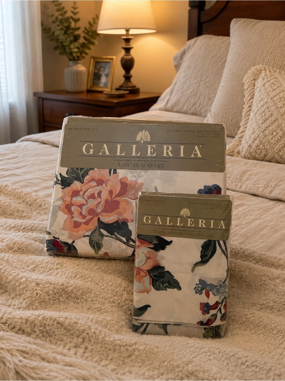 Galleria King Flat Sheet & 2 Standard Pillowcases Floral Bedding Set New